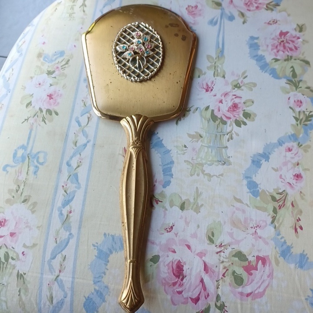 Vintage Floral rhinestone Gold Tone Handheld Mirror, glass is missing